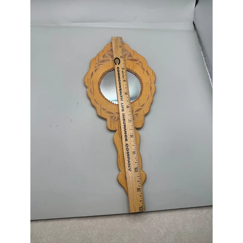 Vintage MCM Eastern European Hand Carved Birch Wood Hand Mirror 11.75